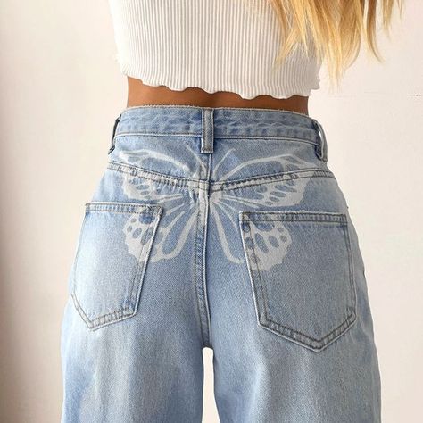 Painting Jeans, Butterfly Pants, Printed Denim Pants, Streetwear Jeans, Print Jeans, Moda Chic, Jeans Diy, Printed Trousers, Printed Jeans