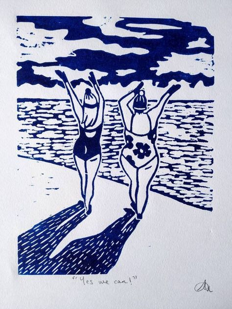 Original lino print featuring cold water sea swimmers on Worthing beach. Linocut Water, Sea Linocut, Lino Print Pattern, Lino Cut Prints, Swim Art, Screen Print Designs, Swimming Art, Lino Cuts, Linoleum Print