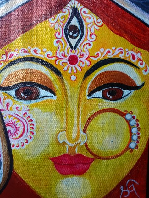 Durga Maa Paintings Face, Durga Canvas Painting, Maa Durga Painting On Canvas, Durga Face Painting, Durga Acrylic Painting, Durga Thakur, India Boy, God Crafts, Durga Face