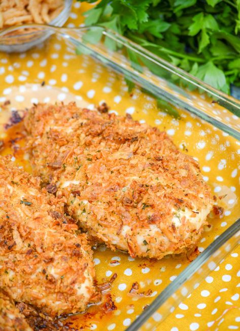 Onion Crusted Herbed Chicken Breasts - 4 Sons 'R' Us Onion Crusted Chicken, Baked Boneless Chicken Breast, Herbed Chicken, Crusted Chicken Breast, Baked Chicken Recipe, Baked Chicken Recipes Easy, Flavorful Dinner, French Fried Onions, Poached Chicken