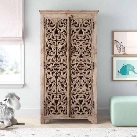 Langley Street Vega Solid Wood Armoire & Reviews | Wayfair Front Wall Tiles, Solid Wood Armoire, Wood Armoire, Kelly Clarkson Home, Kelly Clarkson, Wooden Slats, Scroll Design, Solid Mango Wood, Mango Wood