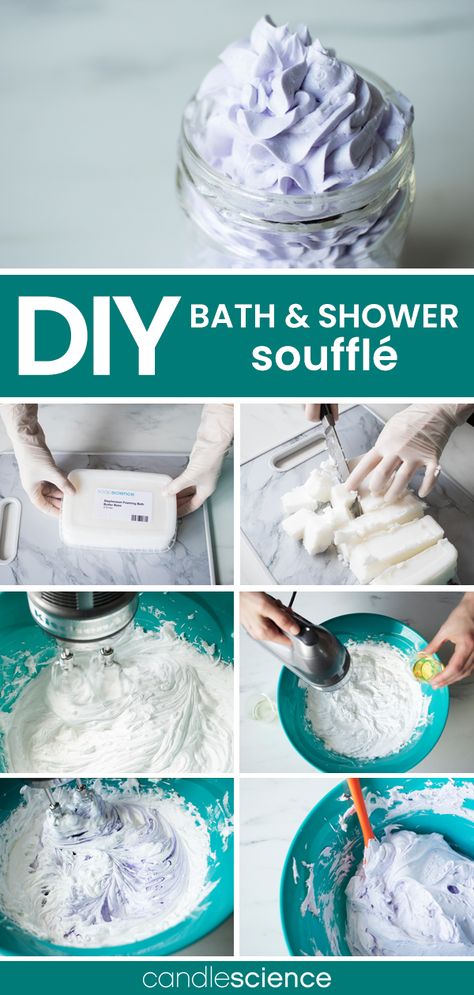 Learn how to create your own luxurious whipped soaps, foaming body butters, and sugar scrubs with this DIY Bath & Shower Soufflé receipie from CandleScience. Whipped Soap Diy, Bath Diy, Whipped Scrub, Săpunuri Handmade, Bath Stuff, Foaming Bath, Homemade Bath, Diy Kosmetik, Homemade Soap Recipes