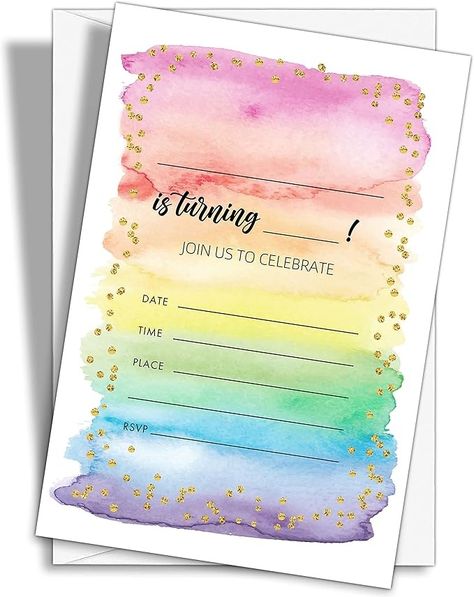 Amazon.com : YQV Colorful Rainbow Birthday Party Invitations, 20-Count Watercolor Rainbow Glitter Birthday Party Invites With Envelopes-HBYQK-B59 : Home & Kitchen Rainbow Birthday Party Invitations, Glitter Birthday Party, Glitter Birthday Parties, Birthday Party Invites, Kids Rainbow, Colorful Invitations, Lucky 7, Rainbow Birthday Party, Glitter Birthday