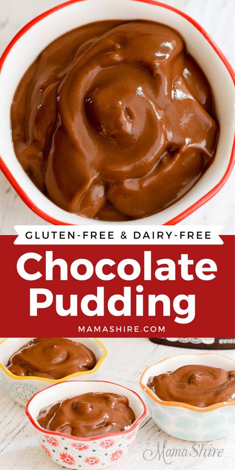 This yummy dairy-free chocolate pudding is so smooth and creamy. Made with common pantry staples you can easily make this anytime! Gluten Free Dairy Free Pudding, Non Dairy Chocolate Pudding, Lactose Free Pudding, Chocolate Pudding Dairy Free, Almond Milk Chocolate Pudding, Dairy Free Food Ideas, Dairy Free Pudding Recipe, Dairy Free Gluten Free Desserts, Gluten Free Chocolate Pudding