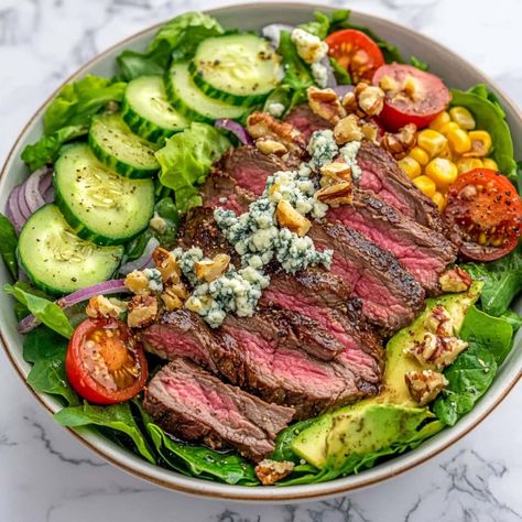 This steak salad is hearty, satisfying, and full of delicious flavor! With a tangy Dijon vinaigrette dressing, it's guaranteed to impress. Steak Salad With Blue Cheese Dressing, Healthy Steak Salad Recipes, Steak Salad Ideas, Steak Salad Recipes For Dinner, Steak Salad Dressing, Salad With Steak, Steak Salads, Dijon Salad, Dijon Vinaigrette Dressing