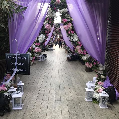 Beautiful wedding decor perfect for a day wedding.   #weddingdecor #weddingflowers #weddingdecoration #weddingvenue #eventdesign #shaadisaga #shaadisagafashion Lavender Wedding Decorations, Ethereal Decor, Lavender Wedding Theme, Jai Guruji, Church Entrance, Parneeti Chopra, Lavender Decor, Wedding Entrance Decor, Wedding Planning Decor