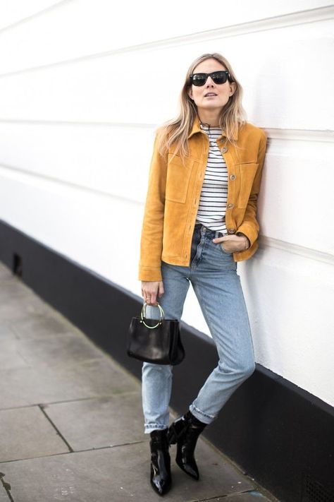 Sunny Side-Up Mustard Jacket, Dress Like A Parisian, Fashion Me Now, Spring Lookbook, Blue Outfits, Blue Mom Jeans, Statement Jacket, Blogger Outfits, Female Style