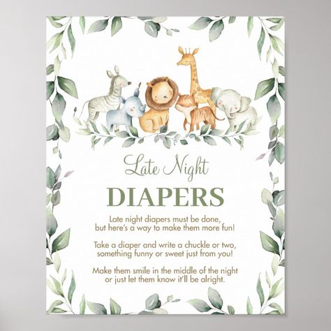 Jungle Animals Late Night Diapers Baby Shower Sign - Tiger Gift Pacifier Hunt Game, Baby Sprinkle Games, Animal Baby Shower Games, Jungle Safari Baby, Jungle Safari Baby Shower, Lollipop Party, Tiger Gifts, Mommy Belly, Late Night Diapers