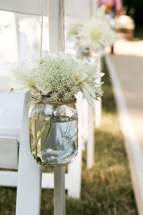 Country Wedding, Rustic Wedding, Mason Jars, Wedding Decor, Aisle Decorations, Burlap Wedding #countrywedding #weddingdecor Mason Jar Aisle Wedding, Mason Jar Aisle Decor, Wedding Decor Aisle, Jam Jar Wedding, Wedding Aisle Decorations Outdoor, Wedding Isle Runner, Wedding Mason Jars, Country Wedding Rustic, Mason Jars Wedding