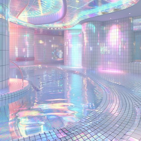 Pastel Holographic Aesthetic, Pastel Liminal Space, Indoor Pool Aesthetic, Christmas Song Trivia, Holographic Aesthetic, Pool Aesthetic, Neon Cyberpunk, Image Nails, Sunken Living Room