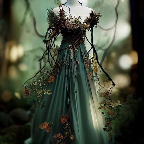 Enchanted Woodland Costume, Fantasy Forest Dress, Nature Goddess Dress, Fantasy Nature Dress, Green Nature Dress, Dryad Outfit, Tree Inspired Dress, Nature Dress Forests, Forest Dress Aesthetic