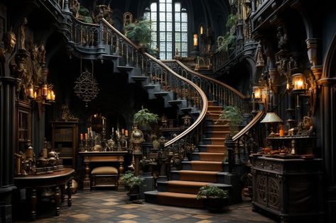 Unlock the Secrets of Dark Academia: A Journey into Enigmatic Aesthetics Dark Academia Stairs, Dark Academia House, Dark Academia Interior, Ancient Library, Vampire Aesthetic, Maximalist Interior, Architecture Ideas, Iron Railing, Passive House