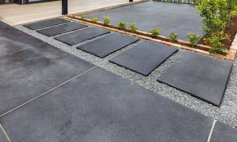 Gardening Design Ideas, Remodel and Decor Pictures Stained Concrete Walkway, Black Pavers Walkways, Black Concrete Patio, Black Stepping Stones, Black Driveway, Black Stained Concrete, Cement Stepping Stones, Backyard Concrete Patio Ideas, Backyard Concrete Patio