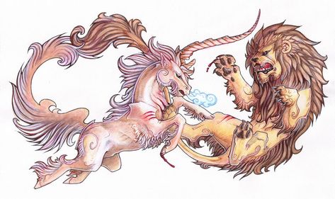 Commission - the Lion and the Unicorn by *drachenmagier on deviantART  this is beautifully mythological!! Scottish Unicorn, Scottish Tattoos, Fairy Tale Images, Unicorn Tattoo, Unicorn Wings, Lion And Unicorn, Unicorn Tattoos, Last Unicorn, Fun To Draw