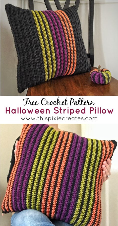 Learn to crochet this easy striped pillow in time for Halloween, or switch up the colours for a year round pillow cover! This pillow cover is made of two rectangles that are seamed together on 3 sides, and a zipper is added to the 4th side. This makes the pillow cover removable for washing. I hope you enjoy making it! Round Pillow Cover, Crochet Cushion Covers, Crochet Pillow Patterns Free, Making Decorations, Crochet Project Free, Crochet Cushion Pattern, Halloween Pillows Covers, Pillow Covers Pattern, Crochet Cushion