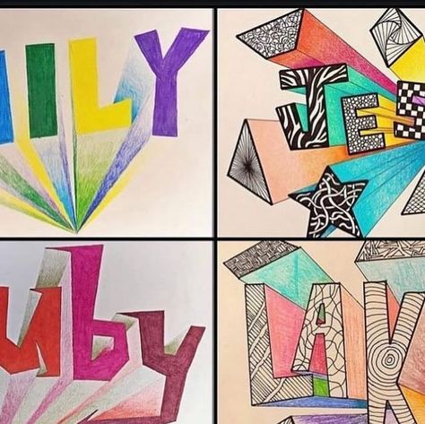 Osage Trail Middle School ART on Instagram: "One Point Perspective Names 🤩 This is a great intro project for perspective and middle schoolers love drawing their own name 😂 On the left is a variation that just includes smooth shading. On the right is a variation that includes Zentangles. 
.
Resources for both these projects are available on my TPT Store. The link is in my profile. 
.
.
.
.
.
.

#art #artistsoninstagram #artclass #artclassroom #artproject #kidsartproject #middleschoolartteacher #schoolwork #studentwork #artteachersofinstagram #artteacher #artteacherlife #artteachersofig #summerbreak #summertime #teacheronsummerbreak #tpt #tptstore 
#tptseller #homeschool #homeschoollife #homeschoolart" Name Art Projects, Name Drawings, Profile Art, 6th Grade Art, One Point Perspective, 4th Grade Art, Easy Lessons, Paper Collage Art, Point Perspective