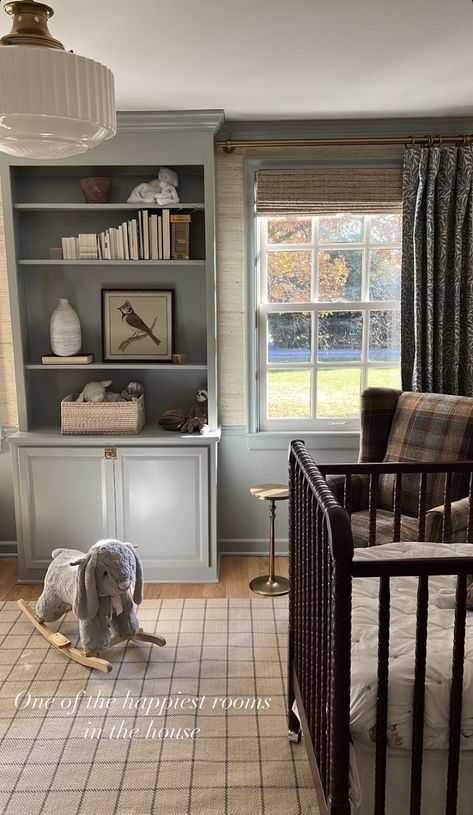 Halfway Wholeistic Nursery, White Gray And Brown Nursery, Traditional Playroom Ideas, Country Gender Neutral Nursery, Blue Plaid Rug Nursery, Plaid Nursery Chair, Cozy Vintage Nursery, British Colonial Nursery, Whimsical Vintage Nursery