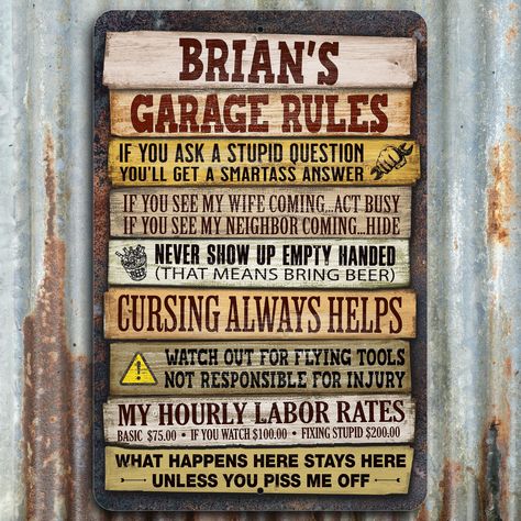 Workshop Sign Ideas, Workshop Signs, Residential Signs, License Plate Crafts, Funny Shop, Diy Remodeling, Shopping Humor, Personalized Metal Signs, Garage Signs