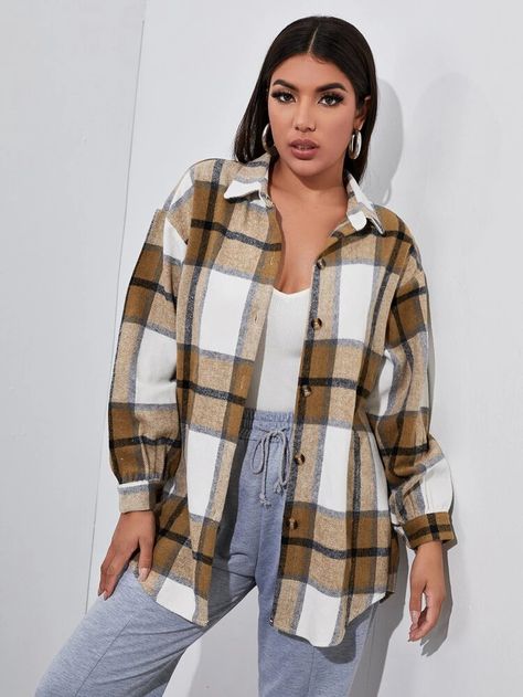 Plaid Coat Women, Drop Shoulder Coat, Plaid Coat, Long Sleeve Plaid, Plaid Jacket, Long Sleeves Jacket, Streetwear Women, Inspiration Mode, Fall Shirts