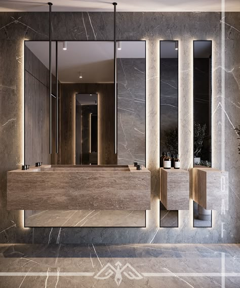 Villa I El Rabwa Interior Design I GAF Design Studio Glass Washroom Design, Work Bathroom Decor Ideas, Behance Washroom Designs, Sanitary Showroom Interiors, Sanitaryware Showroom Design, Hotel Bathroom Design Luxury Marble, Interior Landscape Design, Toilet Design Modern, Decoration Hall