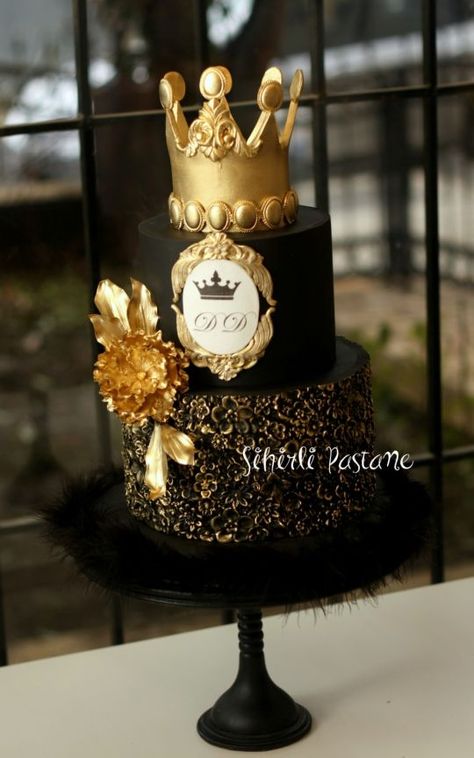 Follow us @ SIGNATURE BRIDE on Instagram and Twitter and on Facebook @ SIGNATURE BRIDE MAGAZINE. Check out our website @ signaturebride.net. Gold Crown Cake, Birthday Cake Crown, Black And Gold Cake, Royal Cakes, Gold Birthday Cake, Crown Cake, Elegant Birthday Cakes, Indian Wedding Cakes, Birthday Cakes For Men