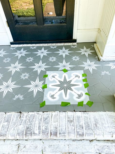 Stencil Painted Porch Floor Makeover - Bless'er House Paint Linoleum, Painted Porch Floors, Painted Porch, Stencil Concrete, Casa Hobbit, Floor Makeover, Porch Paint, Painted Concrete Floors, Porch Floor