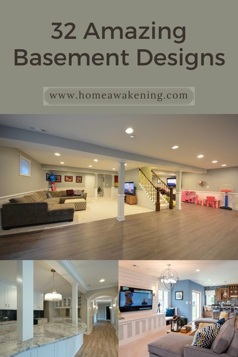 Check out these 32 finished basement design ideas #finishedbasement #basement #homedesign New Build Basement Ideas, Long And Narrow Basement Ideas, Multi Purpose Basement Ideas, Big Open Basement Ideas, Multi Functional Basement Ideas, Basement Arrangement Ideas, Basement Remodel With Office, Walkout Basement Interior Design, Basement Entertainment Room Ideas Layout