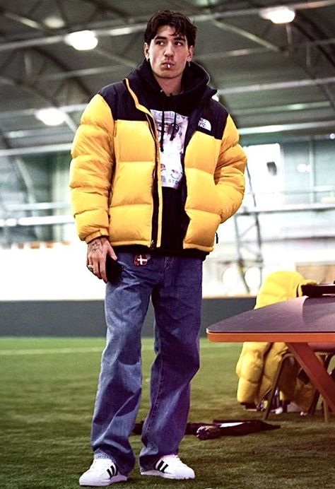 Yellow Jacket Outfit Men, Men’s Yellow Outfit, Yellow Puffer Jacket Outfit Men, Hector Bellerin Style, Hector Bellerin Outfit, Yellow Varsity Jacket For Streetwear, Green Bomberjack Outfit Men Aesthetic, Capsule Wardrobe Inspiration, Green Suit Men