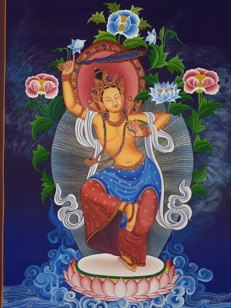 Dancing+Manjushri+Hand+Painted+Fine+Quality+Tibetan+Thangka+Painting+From+Nepal Thanka Paintings Of Nepal, Thangka Painting Of Sikkim, Sikkim Painting, Tibetan Thangka Painting, Tibetan Restaurant, Gods Painting, Tara Mantra, Tibetan Thanka, God Of Wisdom