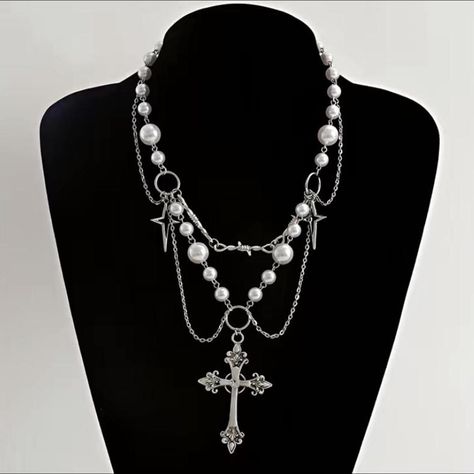 Y2K Style Imitation Pearl & Silvery Cross Pendant... - Depop Nas Hip Hop, Cross Rosary, Gothic Cross, Necklaces Women, Pearl Beaded Necklace, Gothic Crosses, Layered Chain, Rosary Necklace, Layered Chains