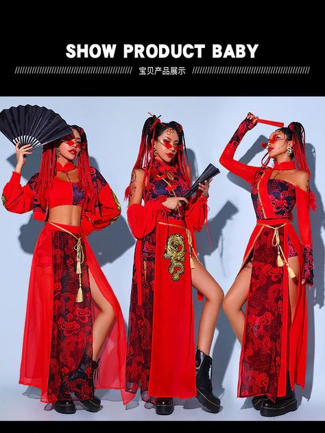 Japanese Dance Costume, Modern Dance Outfit Hip Hop, Chinese Festival Outfit, Chinese Halloween Costume, Imlek Outfit, Chinese Inspired Outfits, Chinese Outfits Modern, Chinese Costume Women, Red Festival Outfit