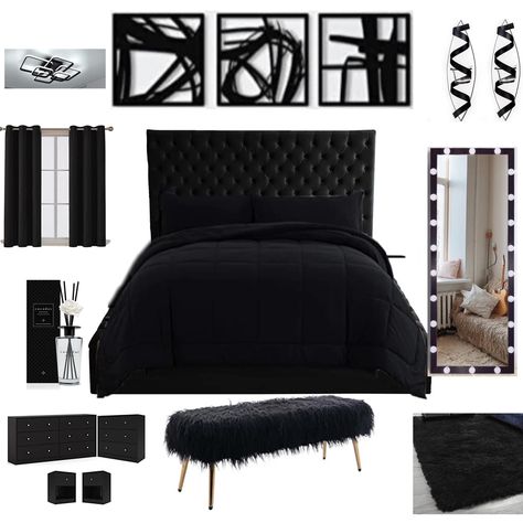 Room Ideas With Black Bed, Black Room Decor Ideas For Women, Room Inspiration Bedroom Black And White, Cute Black Room Decor, Black Bedding Inspiration, Cute Black Bedroom Ideas, Black Bed Set Bedroom Ideas, Black Vanity Ideas Bedroom, Black Room Decor Bedroom Dark