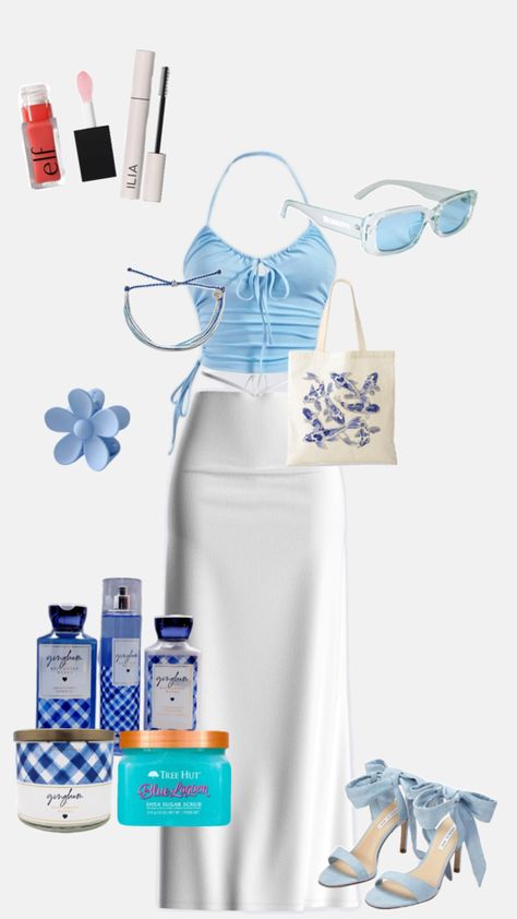 #blueoutfit #fyp #inspo #blue #beach #totebag #longskirt #camitop White Skirt With Blue Top, White Top Blue Skirt, Light Blue Bandeau Top For Spring, Trendy Bra-friendly Blue Tops, Trendy Blue Bra-friendly Tops, Blue Heels Outfit, Blue Top Outfit, Blue Cami, Beige Tote Bag