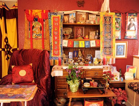 Tibetan Buddhist Shrine, ready for the lama, Tibetan Buddhism, South Bay Vajrayana, Silicon Valley, California, USA Buddhist Living, Spiritual Altars, Tibetan Decor, Altar Aesthetic, Tibetan Furniture, Tibetan Buddha, Spiritual Altar, Buddhist Shrine, Buddhist Altar