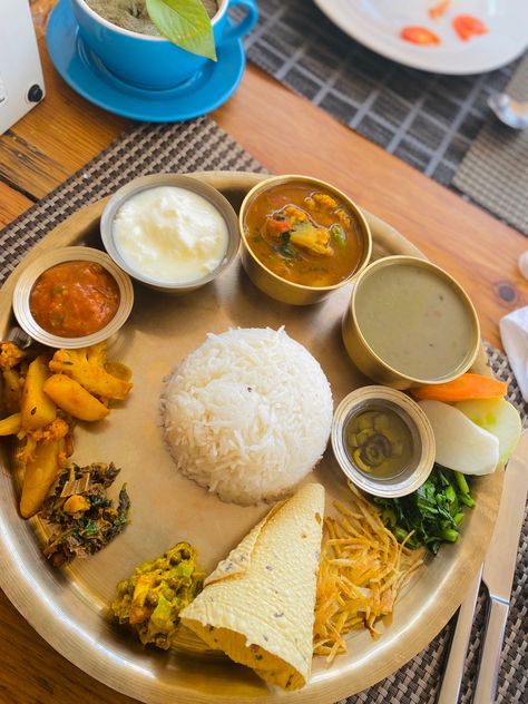 Traditional Nepali thali Nepali Food Traditional, Pickle Salad, Nepalese Food, Nepal Food, Nepali Food, Brass Plates, Healthy Food Menu, Vegetable Rice, Non Veg