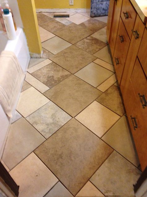 Custom mismatched tile floor Mismatch Tile Floor, Mix Match Tiles, Mismatched Tile Floor, Tile Layout Patterns, Tile Layout, Park Models, Ceramic Floor, Tile Work, Laundry Rooms