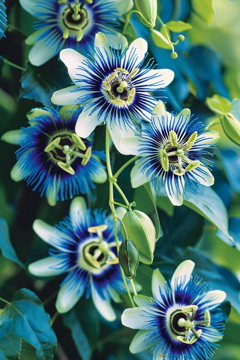 A mesmerizing vine flower known for its intricate blue and white blooms. The Blue Passion Flower symbolizes the passion of Christ and adds an exotic touch to any garden.  Light: Full sun to part shade. Water: Moderate, keep the soil moist but not waterlogged. Soil: Well-drained, rich soil. Temperature: 60-85°F (15-29°C). Humidity: Moderate to high. Fertilizer: Balanced liquid fertilizer, every 2-3 weeks in the growing season. Ideal for trellises, fences, and arbors, it can attract butterflies and bees while adding a tropical vibe to your garden.  #flower #garden #exotic #nature Passionflower Vine, Blue Passion Flower, Witchy Garden, Passion Vine, Garden Light, Liquid Fertilizer, Attract Butterflies, Passion Flower, Garden Flower