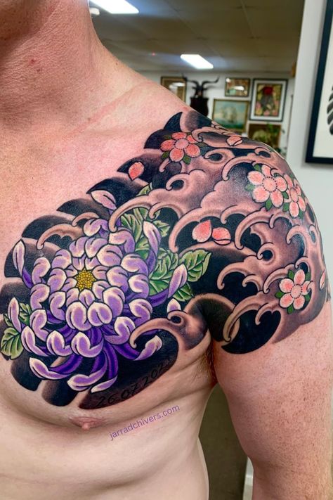 Japanese style chest and quarter sleeve, featuring flowing water and waves and cherry blossoms. The purple chrysanthemum is the hero of the piece so takes the prime spot.
Follow for more great tattoo ideas Great Tattoo Ideas, Purple Chrysanthemum, Mum Tattoo, Purple Tattoos, Quarter Sleeve Tattoos, Japanese Chrysanthemum, Chrysanthemum Tattoo, Lighthouse Tattoo, Irezumi Tattoos