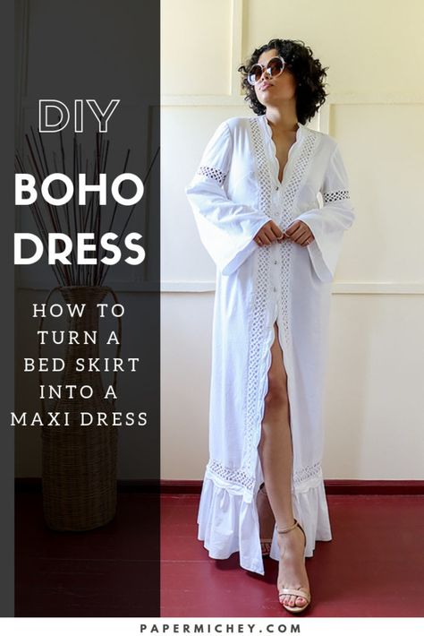 DIY Bed Skirt turned Eyelet Lace Maxi Dress | Paper Michey Boho Chic Dress Sewing Patterns, Boho Sewing Patterns Bohemian Style, Boho Dress Sewing Pattern, Boho Sewing Patterns, Diy Bed Skirt, Maxi Dress Sewing Pattern, Maxi Dress Boho Style, Boho Dress Pattern, Boho Sewing