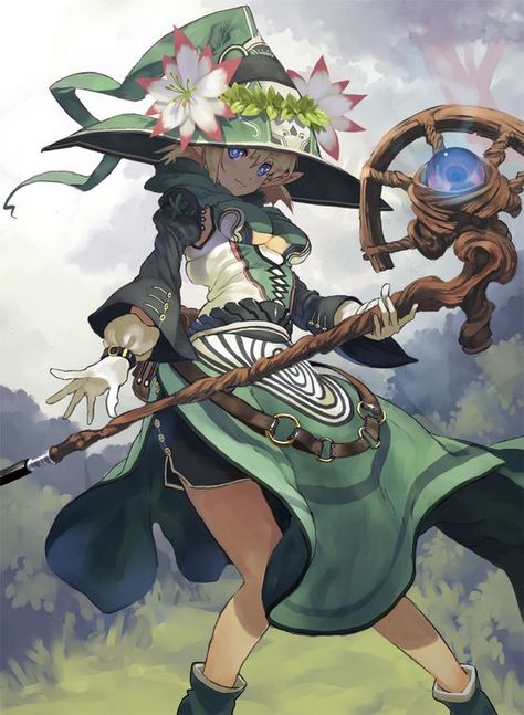 Witch’s Staff, Flower Witch Character Design, Person With Staff Reference, Flower Witch, Cute Wizard, Witch Characters, Anime Witch, 캐릭터 드로잉, Anime Warrior