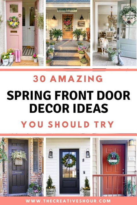 Unlock the secret to a captivating entrance porch with these spring front door decor ideas. Emphasize the beauty of the season with lush flower pots and elegant accessories. Whether you prefer a minimalist approach or a bold display, we cover various styles to suit your taste. Get inspired to decorate with seasonal florals, charming wreaths, and decorative accents that make your front door stand out. Perfect for anyone wishing to celebrate spring with style. Spring Front Door Decor, Front Door Decor Ideas, Country Front Door, Front Entrance Decor, Door Stand, Door Decor Ideas, Spring Front Door, Dark Doors, Porch Doors