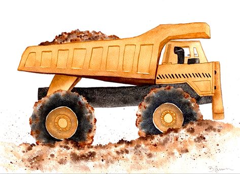 Watercolor dump truck art print Dump Truck Painting, Watercolor Construction Vehicles, Watercolor Monster Truck, Truck Watercolor, Playroom Mural, Kids Gallery Wall, Yellow Truck, Truck Wall Art, Truck Nursery