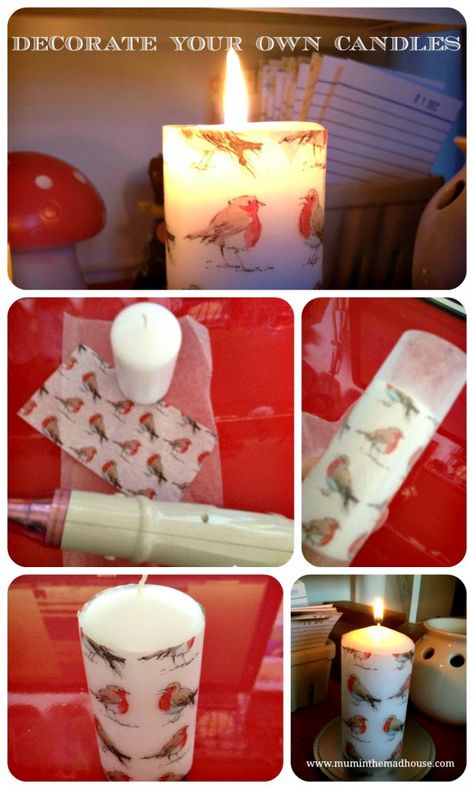 DIY decorate your own pillar candles with festive tissue paper to make the perfect Christmas gift How To Decorate Candles For Christmas, How To Decorate Candles, Tissue Paper Candles, Candle Transfer, Diy Candle Gift, Decorate Candles, Decoupage Candles, Pillar Candle Decor, Christmas Candles Diy