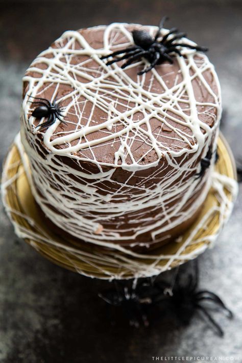 Chocolate Spider Web Cake. Three layer chocolate cake frosted with simple chocolate buttercream and decorated with marshmallow spider webs. It's the perfect Halloween treat! Chocolate American Buttercream, Chocolate Spider Web, Ghostbuster Birthday, Basic Dough Recipe, Heart Spider Web, Spider Web Cake, Melted Marshmallow, Heart Spider, Chocolate Spiders