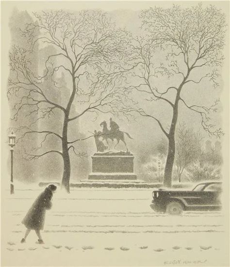 Artwork by Ellison Hoover, Central Park, Snow, Made of lithograph Central Park Snow, Winter Art, Pics Art, Central Park, Pretty Art, 그림 그리기, The Snow, Pretty Pictures, Painting & Drawing