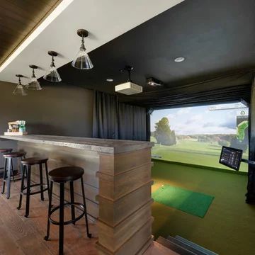 75 Green Floor Home Theater Ideas You'll Love - December, 2022 | Houzz Media Room Ideas, Home Theater Ideas, Golf Simulator Room, Golf Room, Cambria Countertops, Green Floor, Gym Room At Home, At Home Movie Theater, Golf Simulators