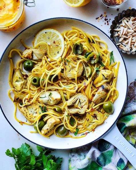 Lemony Roasted Artichoke and Olive Pasta | The Lemon Apron Ricotta And Artichoke Recipes, The Lemon Apron, Artichoke Olive Pasta, Artichoke Pasta Recipes, Lemon Artichoke Pasta, French Mussels, Olive Pasta, Roasted Artichoke, Fonio