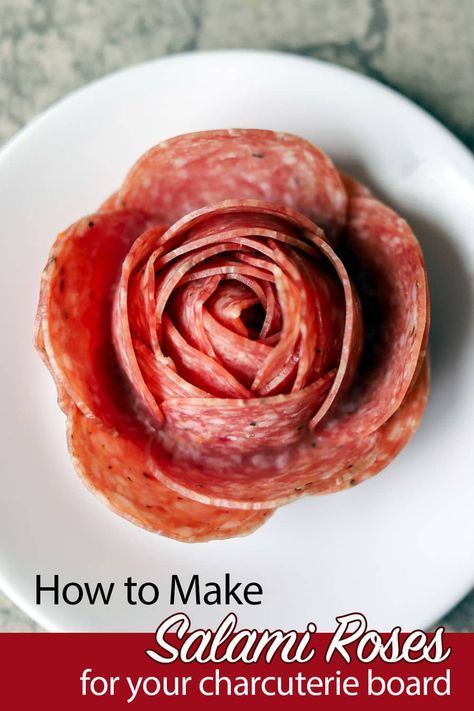 How To Make Roses Out Of Pepperoni, How To Make Salami Roses For Charcuterie Board, Salami Roses Food Art, Rose Out Of Pepperoni, How Do You Make A Salami Rose, Rose Shaped Salami, Making Salami Roses, Diy Salami Rose, How To Make A Salami Flower