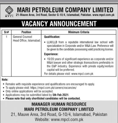 Introduction to Jobs and Organization MARI Petroleum Company Limited (MPCL) Jobs Islamabad Jobs are announced. This job advertisement is published in daily newspapers. Interested and eligible candidates can apply for the advertised posts before the deadline. Important dates to Remember Announcement date : 31 – 01 – 2021 Last date to apply : 05 –- Apply Now The post MARI Petroleum Company Limited (MPCL) Jobs Islamabad appeared first on Parho Pakistan - Latest Jobs in Pakistan. Dates To Remember, Job Advertisement, Daily Newspaper, Jobs In Pakistan, Last Date, Law School, Important Dates, Counseling, Pakistan