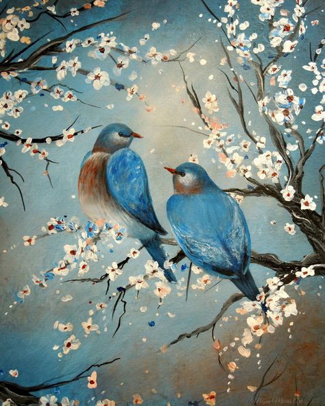 Love Birds Drawing, Love Birds Painting, Bird Painting Acrylic, Blossom Painting, Painting Canvases, Art Painting Gallery, Bird Painting, Bird Artwork, Original Art Painting